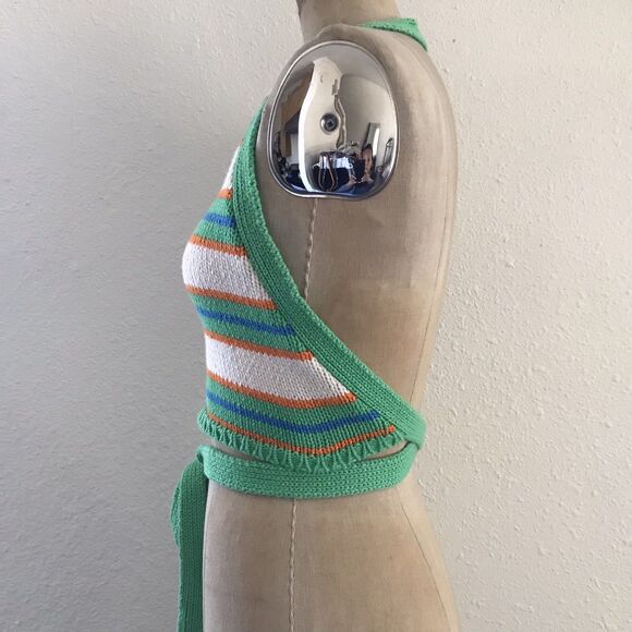 Zara Green Colorful Striped Cotton Cropped Backless Knit Halter Top - S - Picture 3 of 6